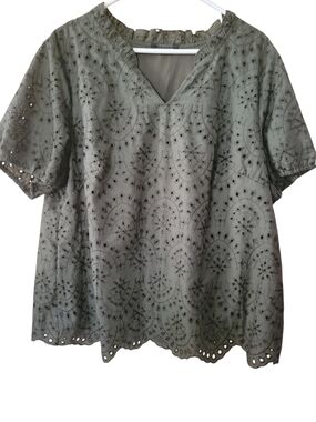 BloomChic Olive Eyelet V-Neck Blouse